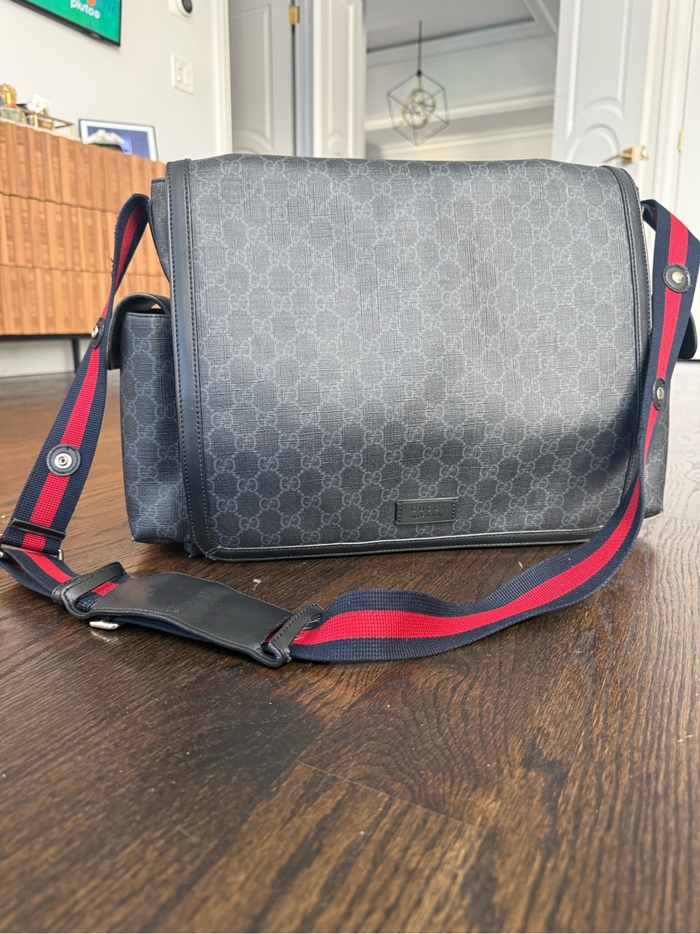 Gucci Black Monogram Messenger Bag with Red and Blue Web Strap